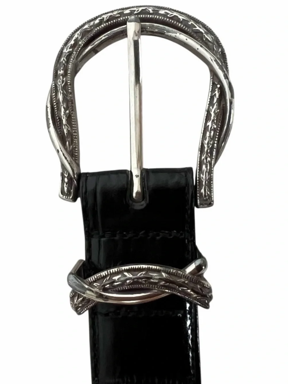 Brighton Womens Belt Black Croc Embossed Leather w Silver Barb Wire Buckle  L 34